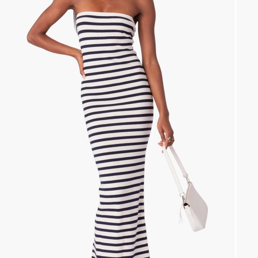 Edikted Navy and White Striped Strapless Dress